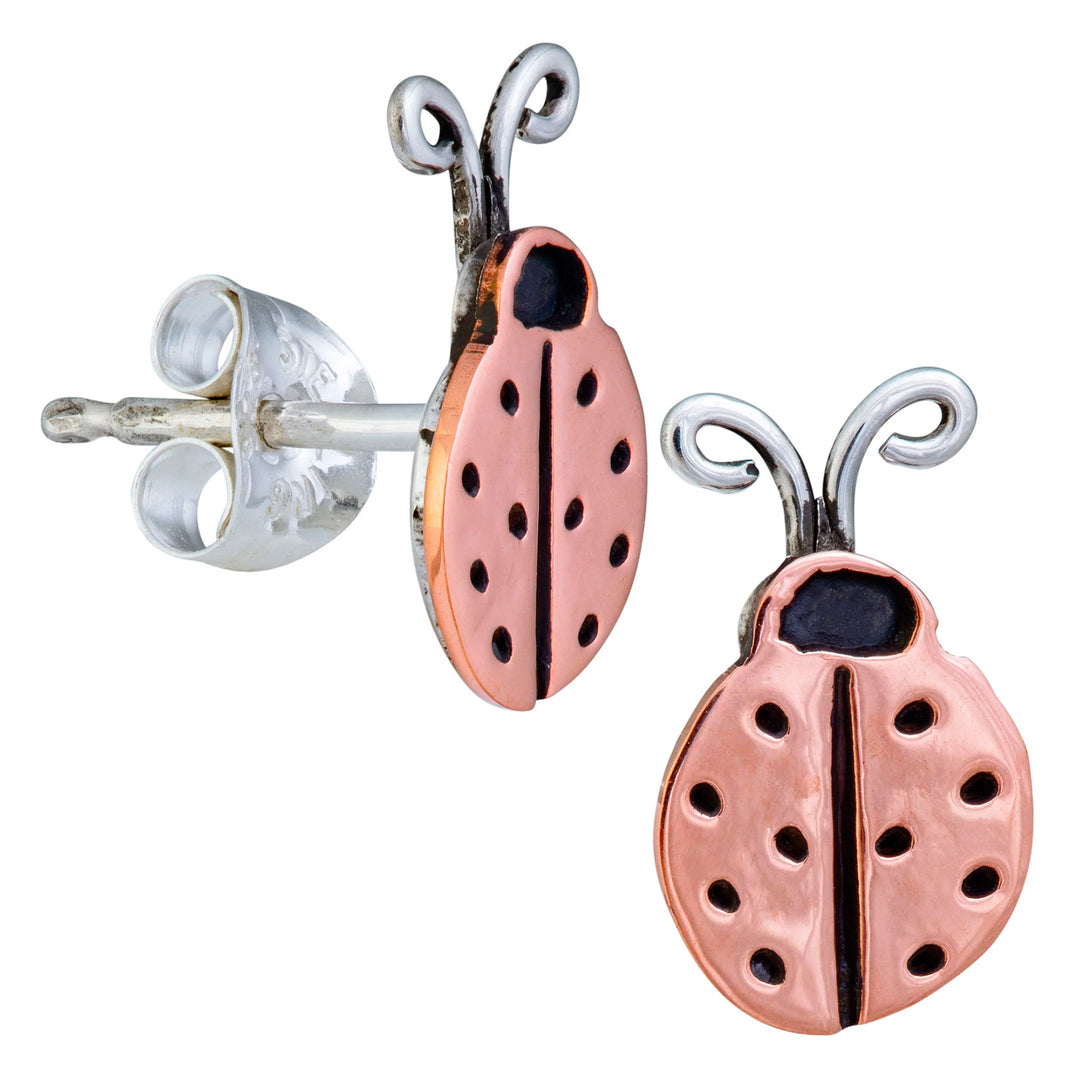Sterling Silver and Copper Ladybug Stud Earrings - Lucky Ladybug