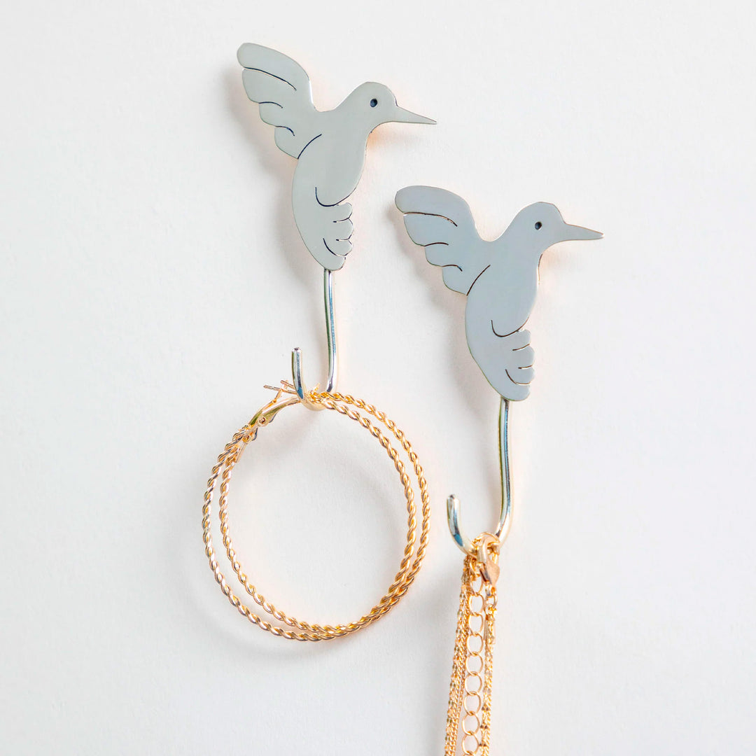 Set of 2 Metal Hummingbird Wall Hooks from Mexico - Flying Hummingbirds