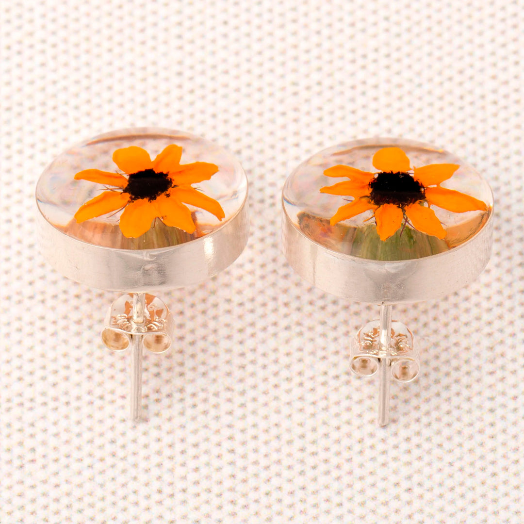 Real Flower Resin Stud Earrings with Sterling Silver Accent - Sweet Bloom