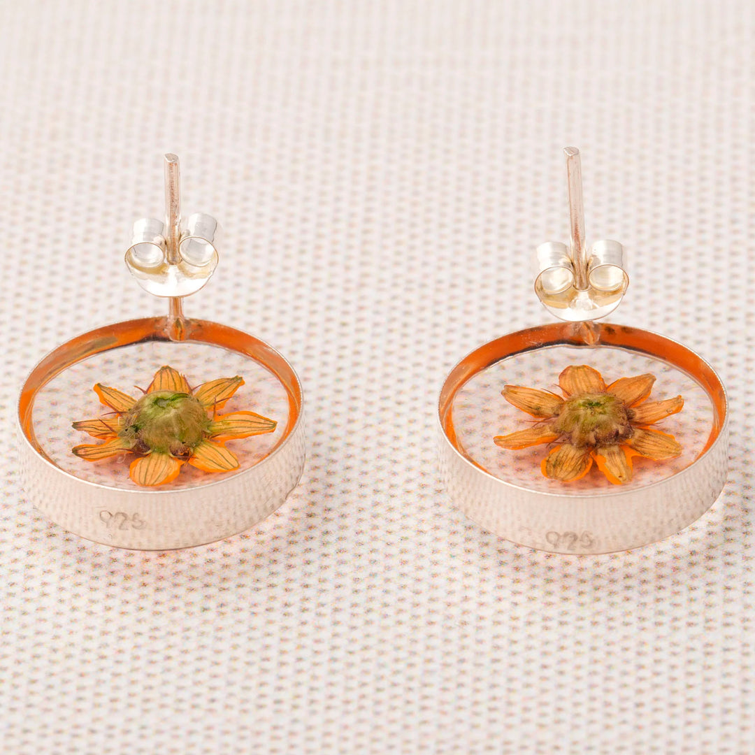 Real Flower Resin Stud Earrings with Sterling Silver Accent - Sweet Bloom