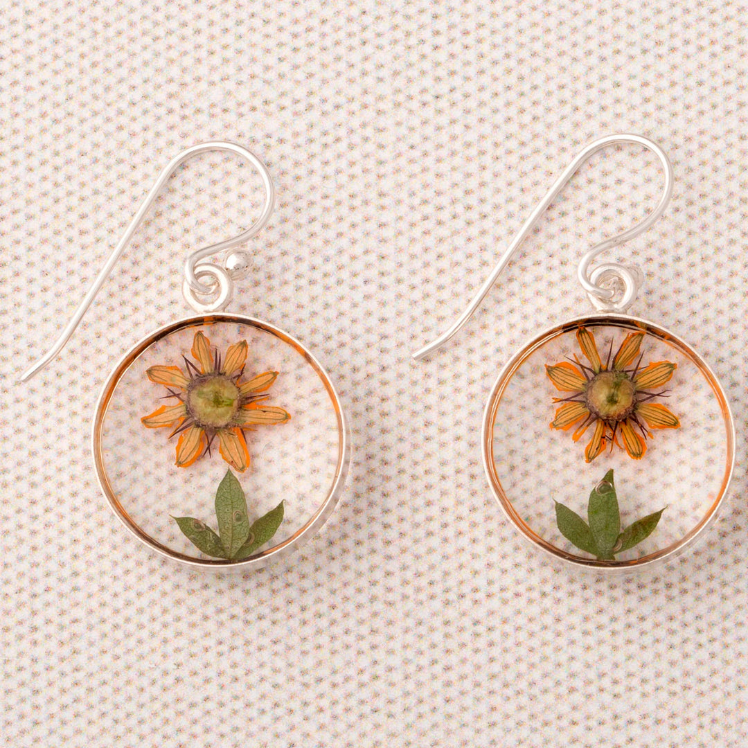 Real Flower Resin Dangle Earrings from Mexico - Sunflower Style