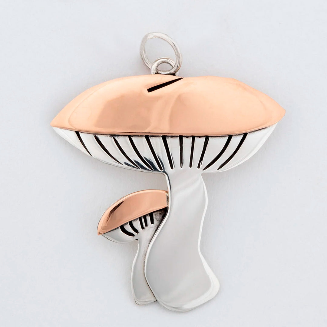 Sterling Silver and Copper Mushroom Fungi Pendant - Mushroom Duo
