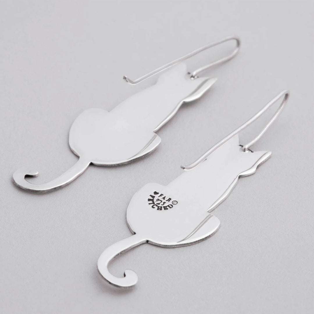 Handcrafted Sterling Silver Cat Drop Earrings from Mexico - Feline Silhouette