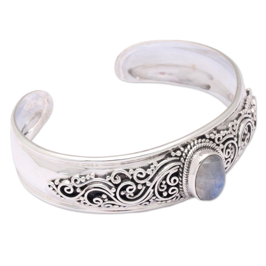 Classic Natural Rainbow Moonstone Cuff Bracelet - Swirly Moon