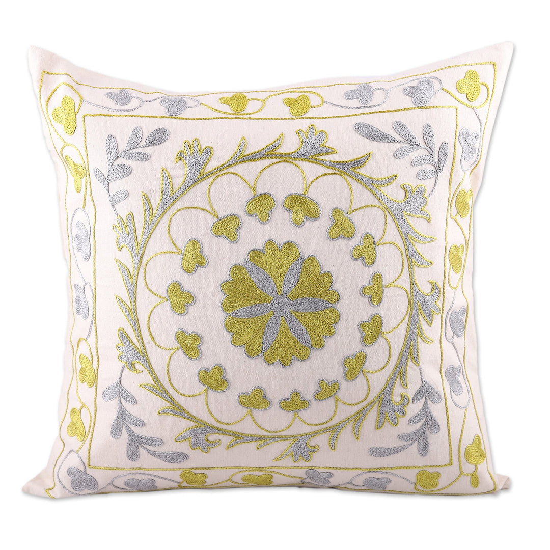 Suzani Embroidered Golden and Silver Cotton Pillow Sham - Divine Eden