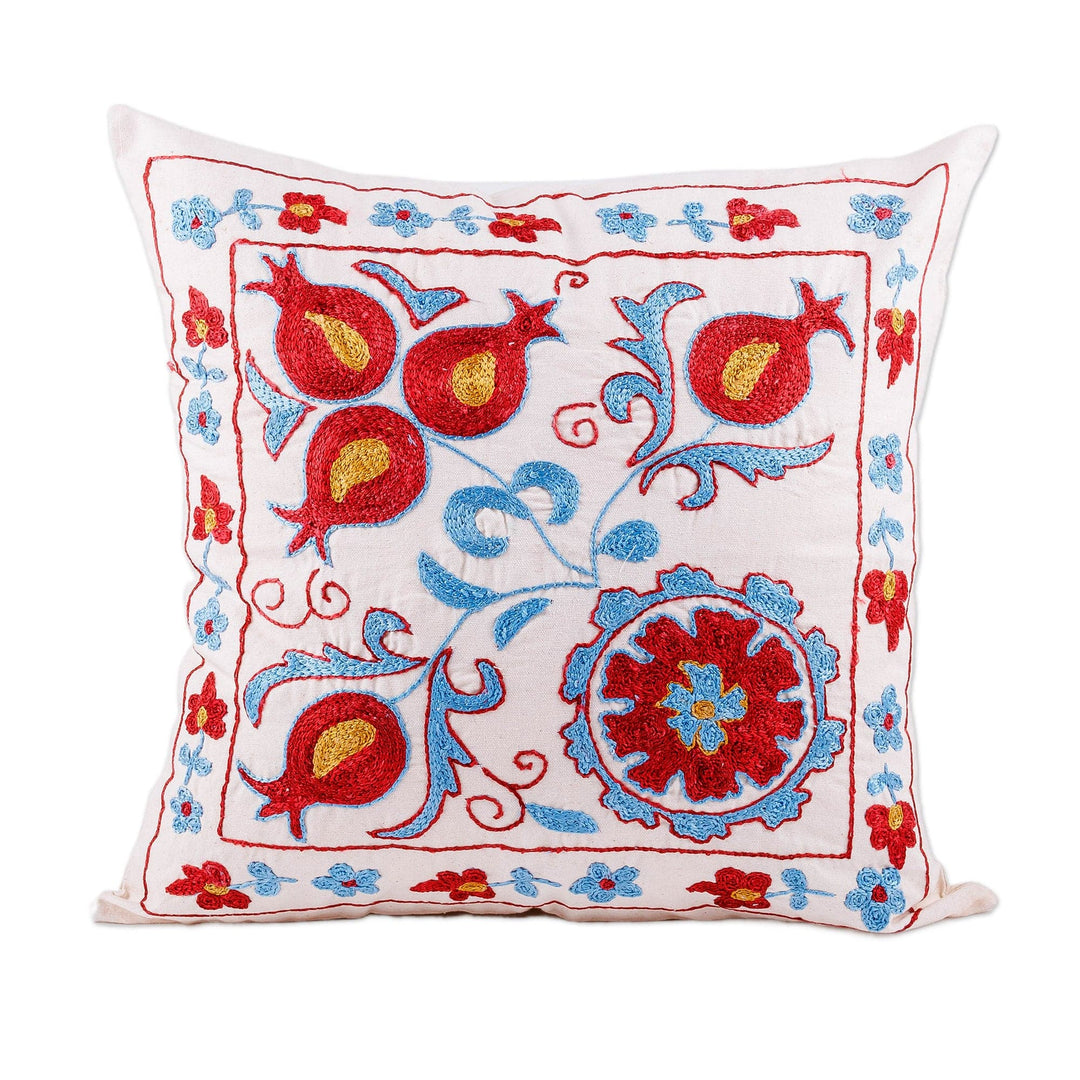 Blue and Red Embroidered Cotton and Viscose Pillow Shawl - Garden Dream