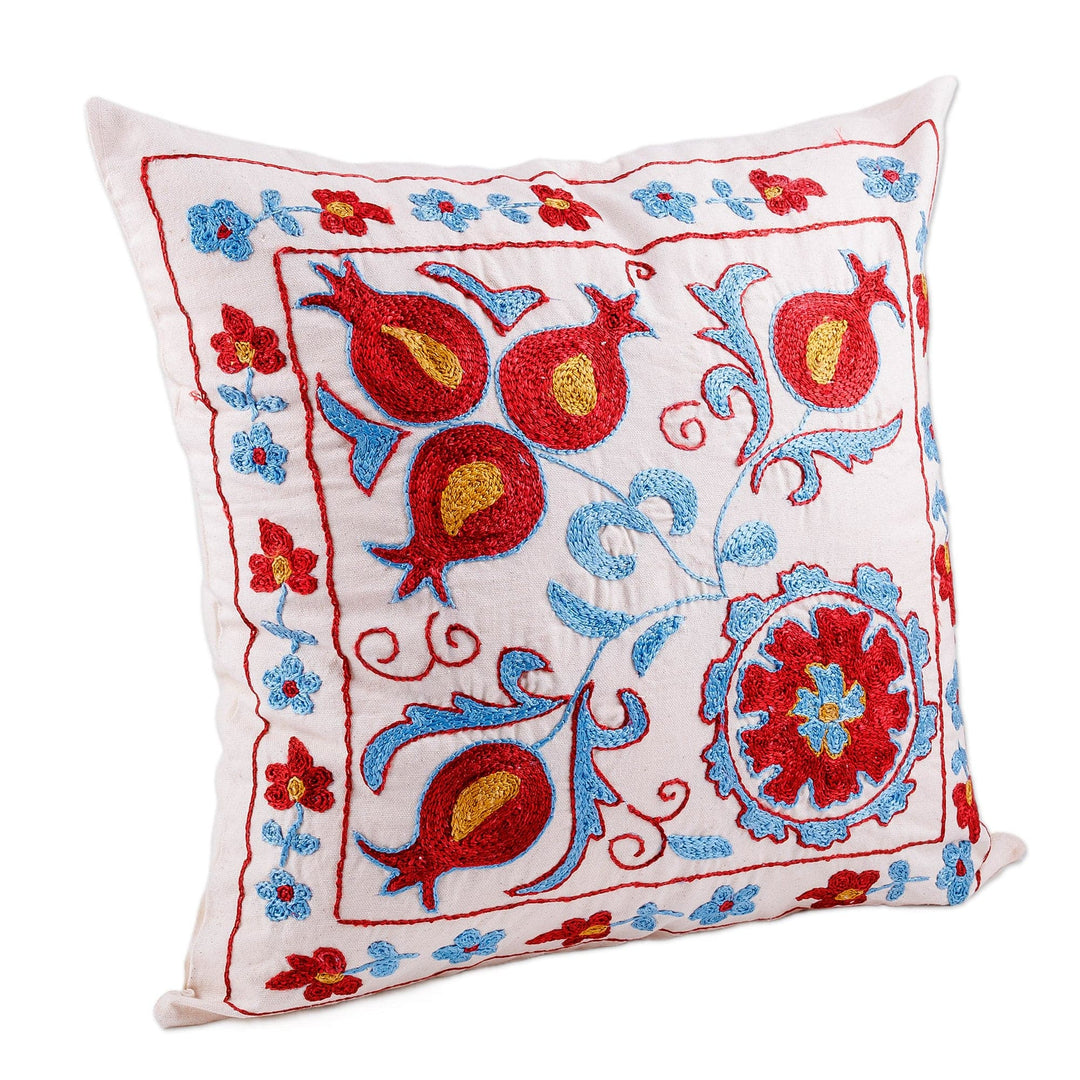 Blue and Red Embroidered Cotton and Viscose Pillow Shawl - Garden Dream