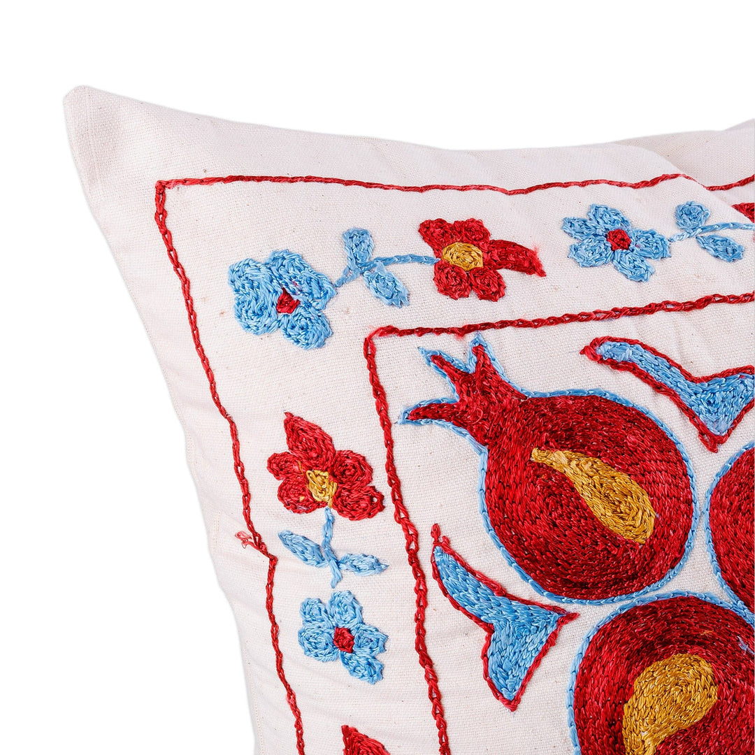 Blue and Red Embroidered Cotton and Viscose Pillow Shawl - Garden Dream