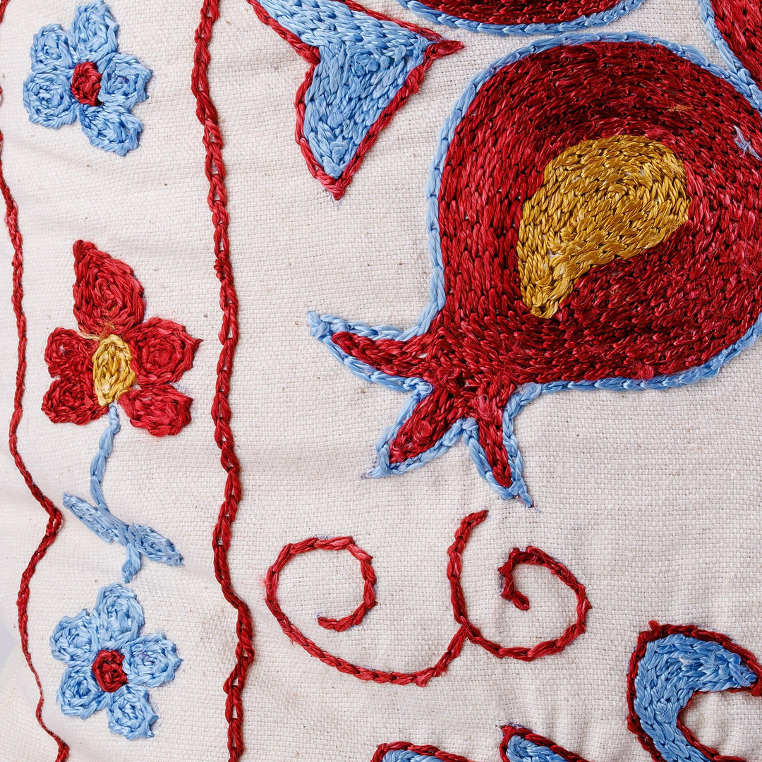 Blue and Red Embroidered Cotton and Viscose Pillow Shawl - Garden Dream