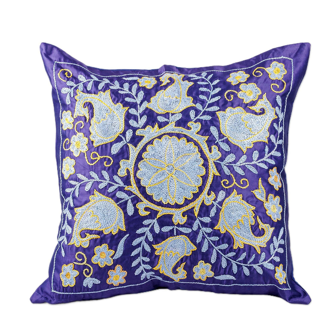 Classic Floral and Leafy Blue Embroidered Silk Pillow Sham - Palatial Heaven