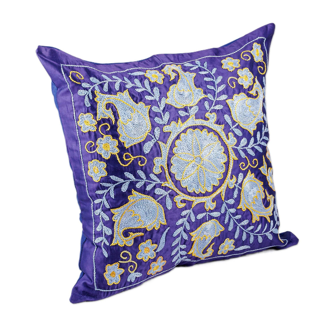 Classic Floral and Leafy Blue Embroidered Silk Pillow Sham - Palatial Heaven