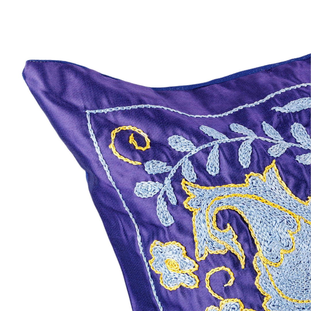 Classic Floral and Leafy Blue Embroidered Silk Pillow Sham - Palatial Heaven