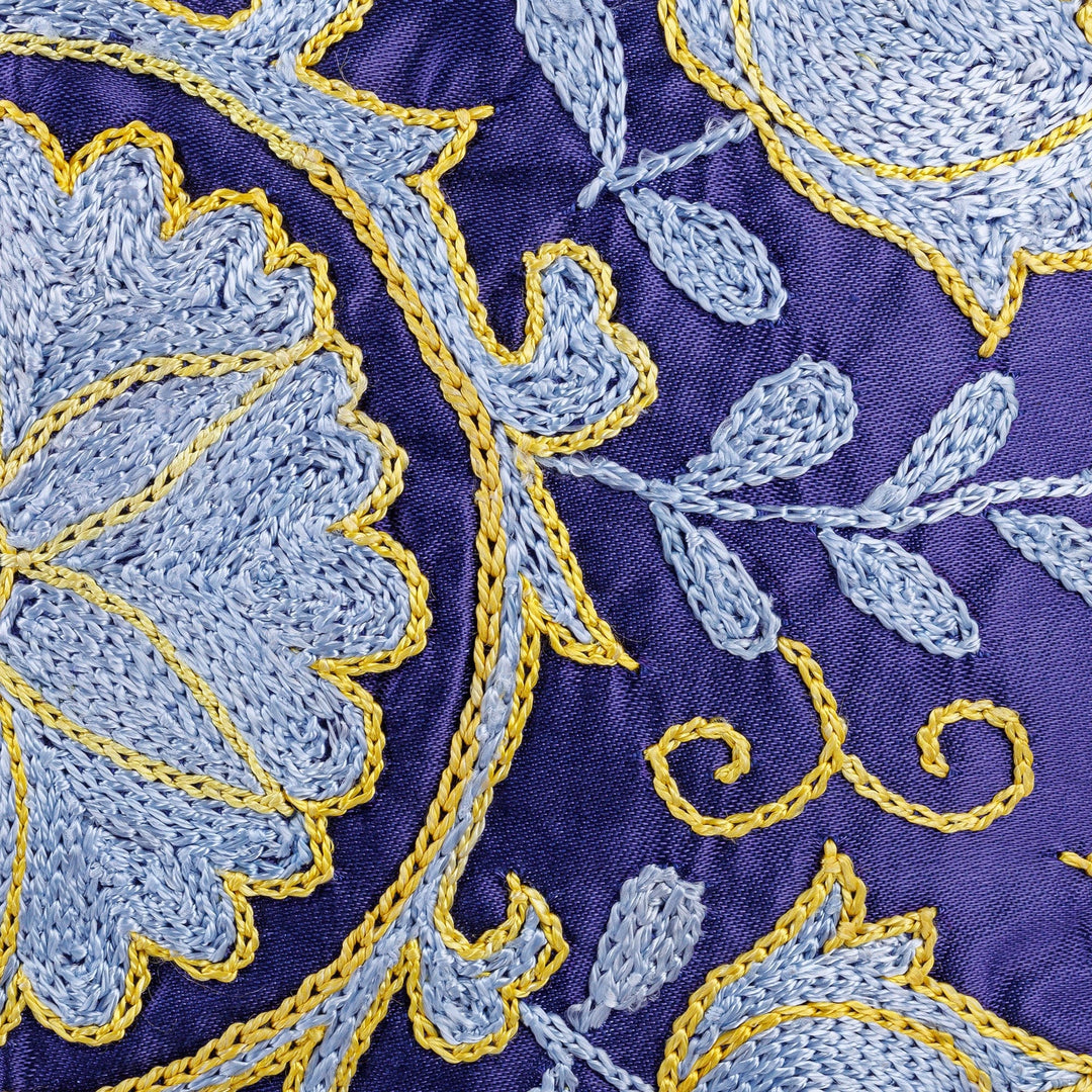 Classic Floral and Leafy Blue Embroidered Silk Pillow Sham - Palatial Heaven