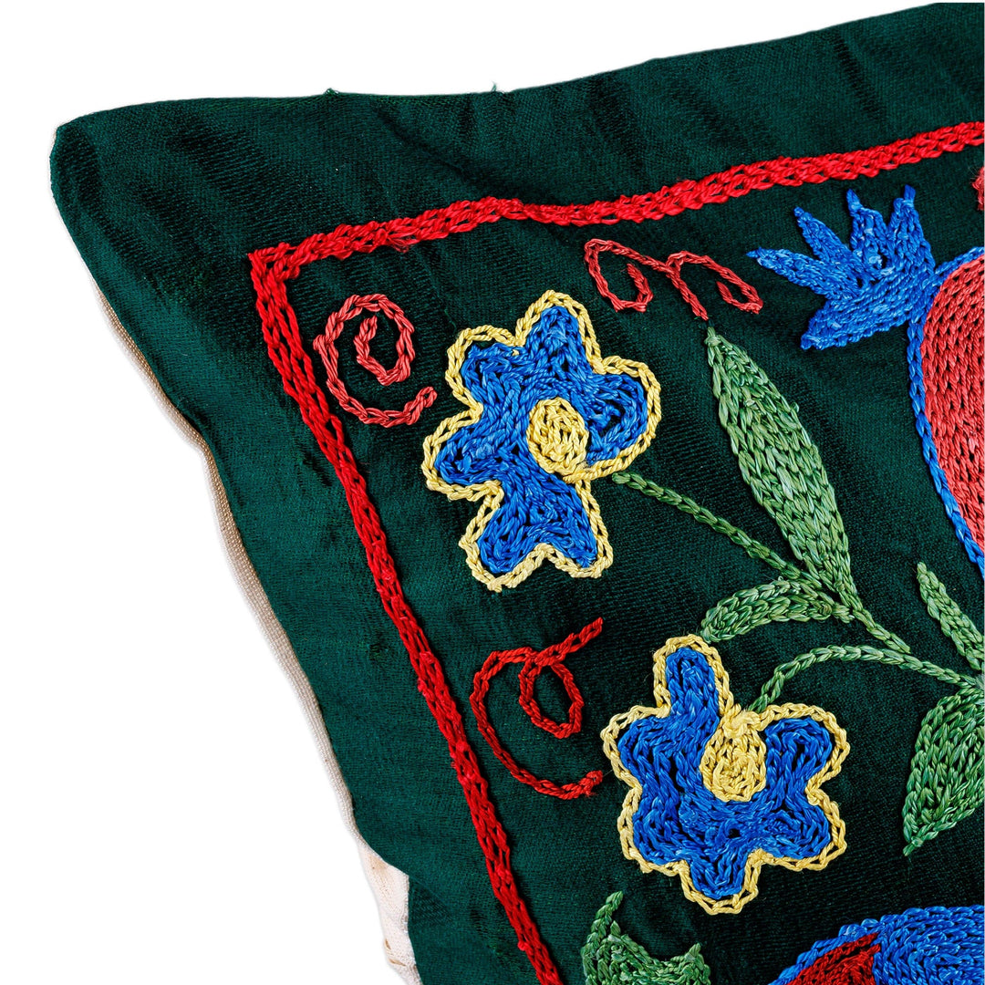 Suzani Embroidered Pomegranate-Themed Green Silk Pillow Sham - Pomegranate Night