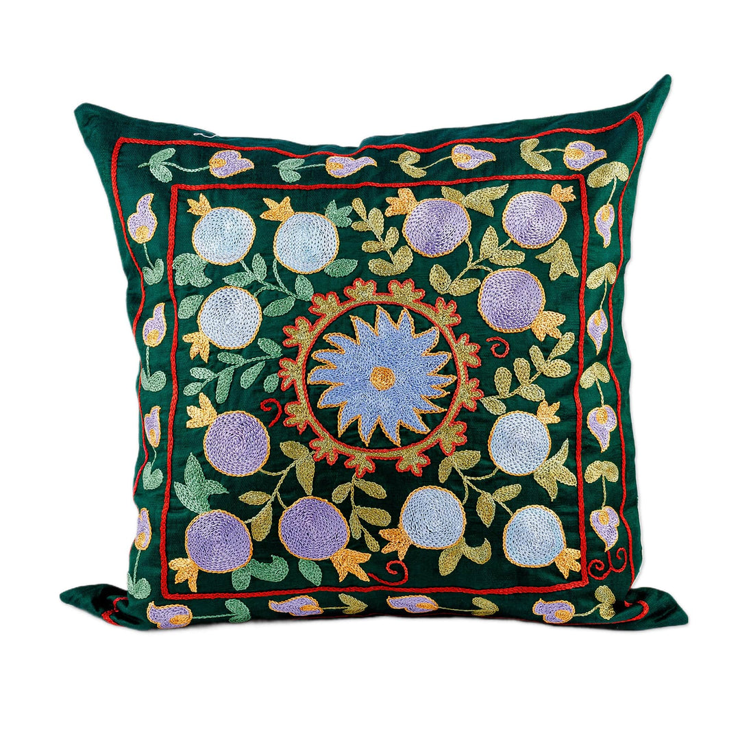 Green and Blue Pomegranate Embroidered Silk Pillow Sham - Magical Pomegranate