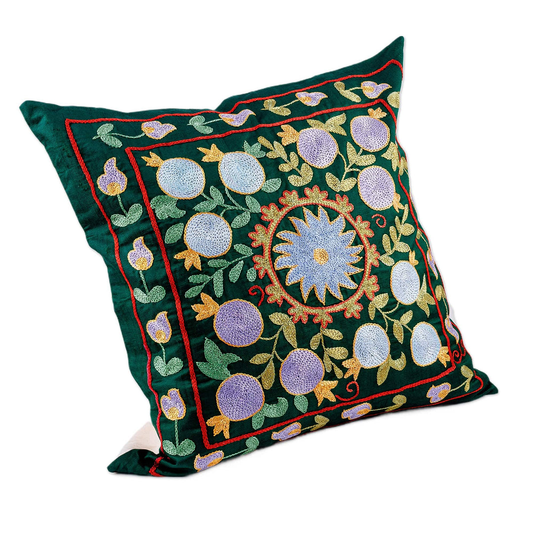 Green and Blue Pomegranate Embroidered Silk Pillow Sham - Magical Pomegranate