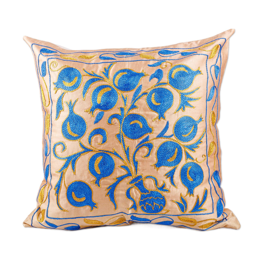 Pomegranate Embroidered Blue and Beige Silk Pillow Sham - Blue Affair