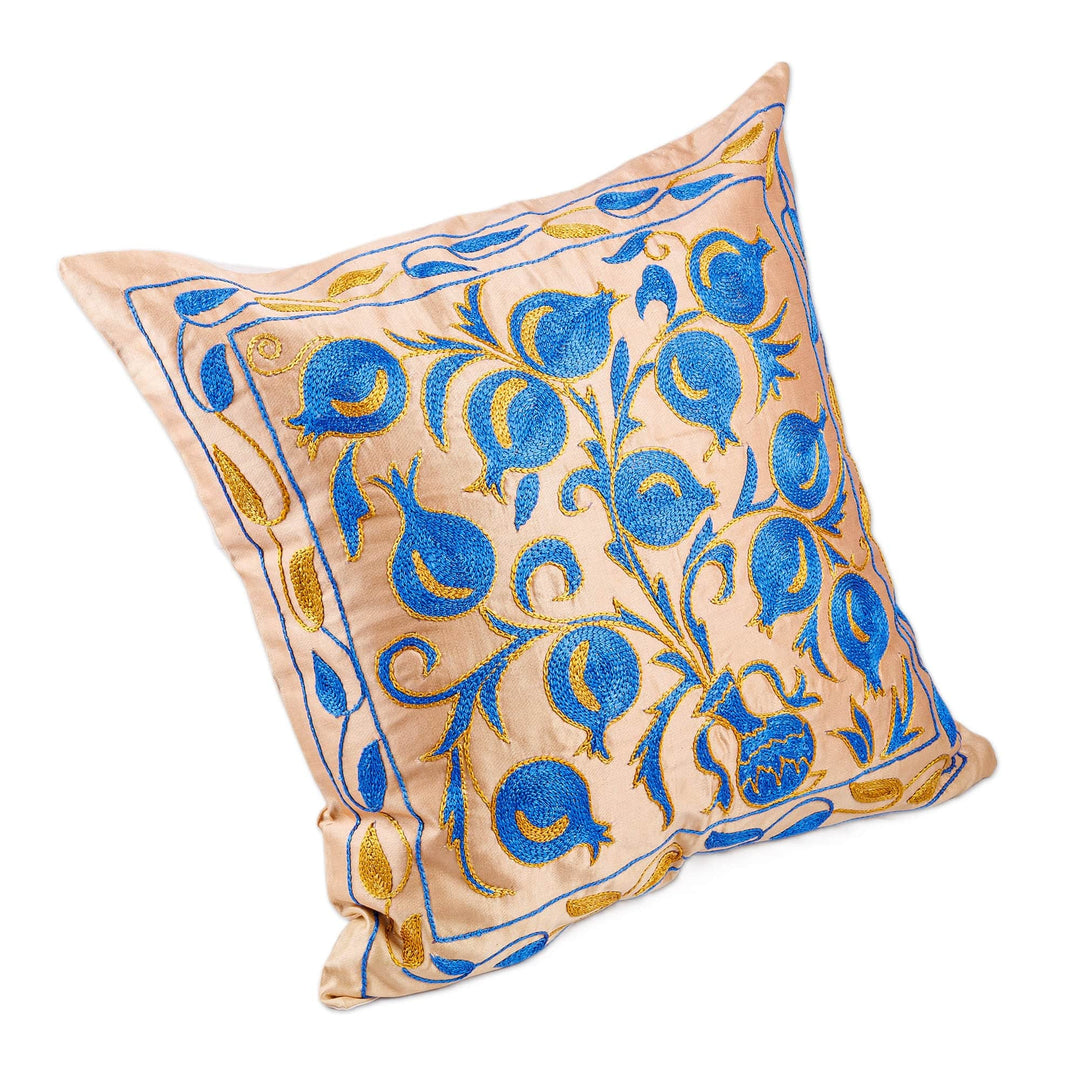 Pomegranate Embroidered Blue and Beige Silk Pillow Sham - Blue Affair