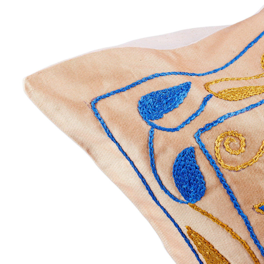 Pomegranate Embroidered Blue and Beige Silk Pillow Sham - Blue Affair