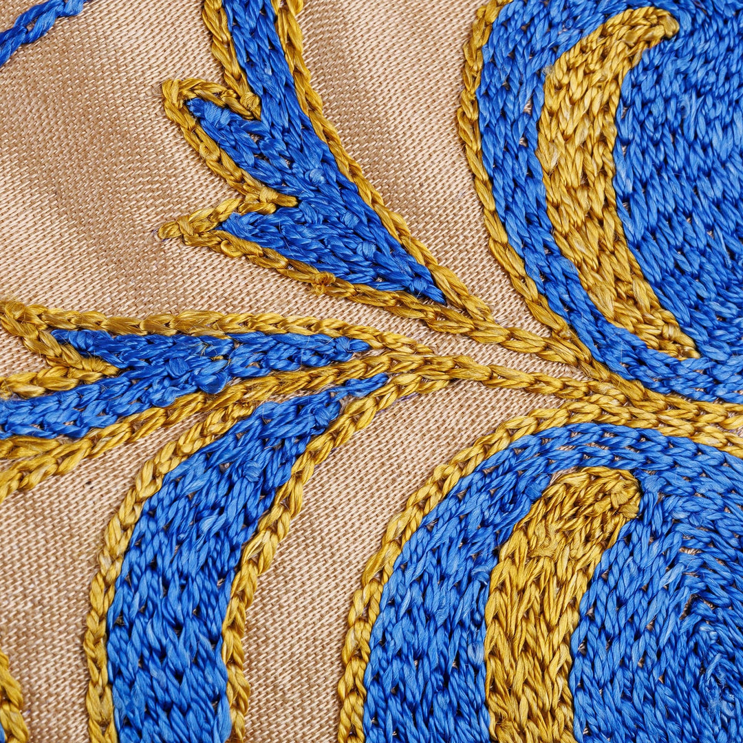 Pomegranate Embroidered Blue and Beige Silk Pillow Sham - Blue Affair