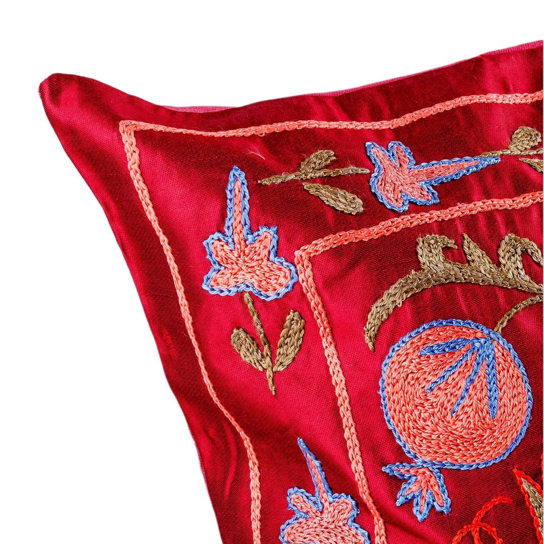 Pomegranate-Themed Embroidered Crimson Silk Pillow Sham - Passion & Tradition