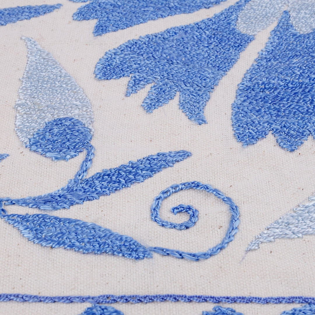 Handcrafted Floral Blue Cotton and Viscose Table Runner - Blue Ambrosia