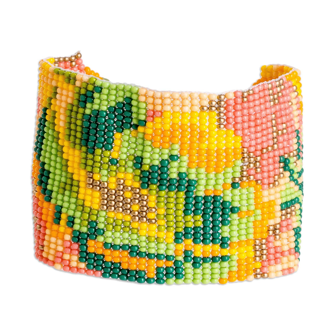 Adjustable Orange and Green Glass Beaded Wristband Bracelet - Tropical Winds