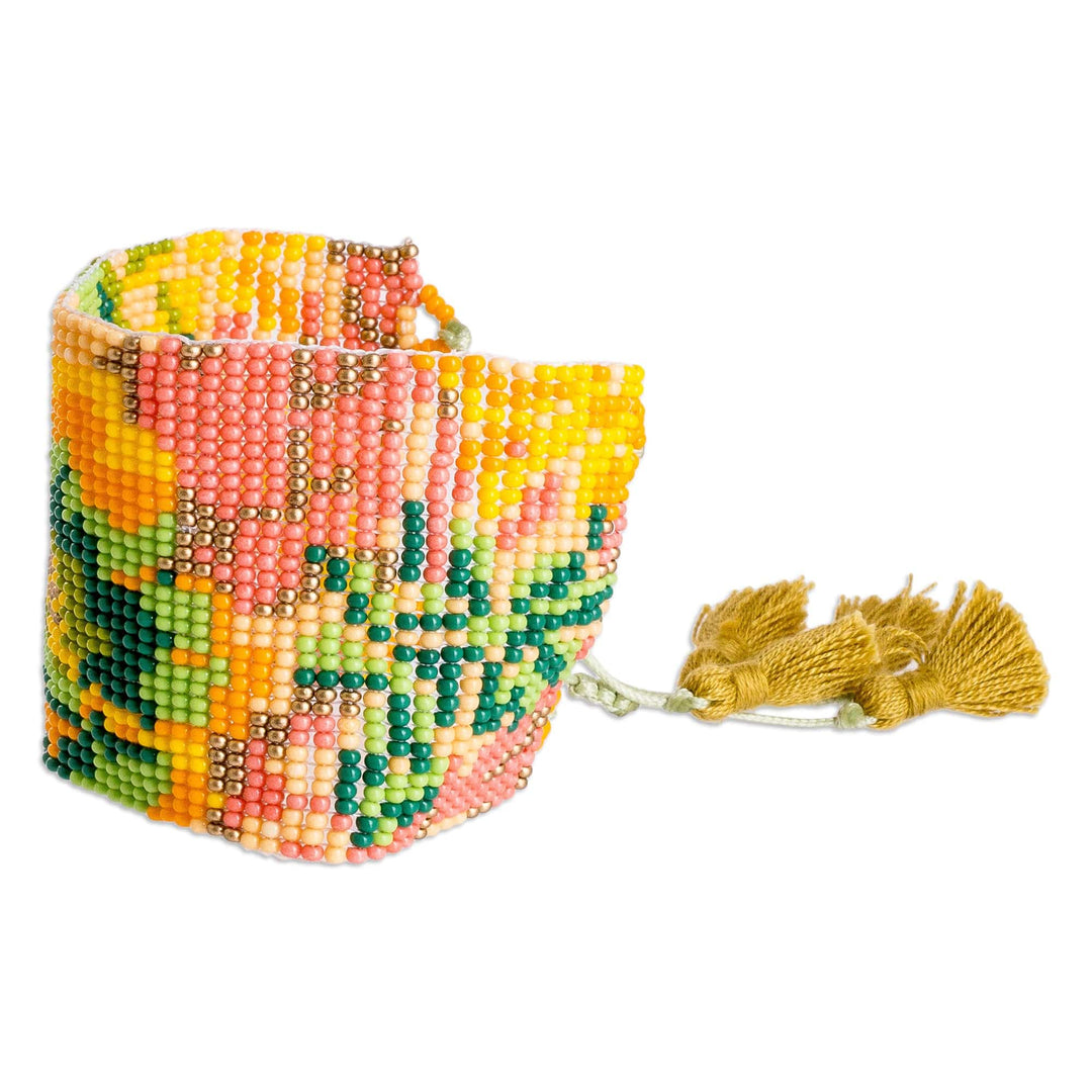 Adjustable Orange and Green Glass Beaded Wristband Bracelet - Tropical Winds
