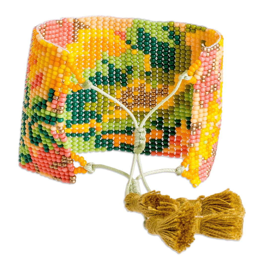 Adjustable Orange and Green Glass Beaded Wristband Bracelet - Tropical Winds