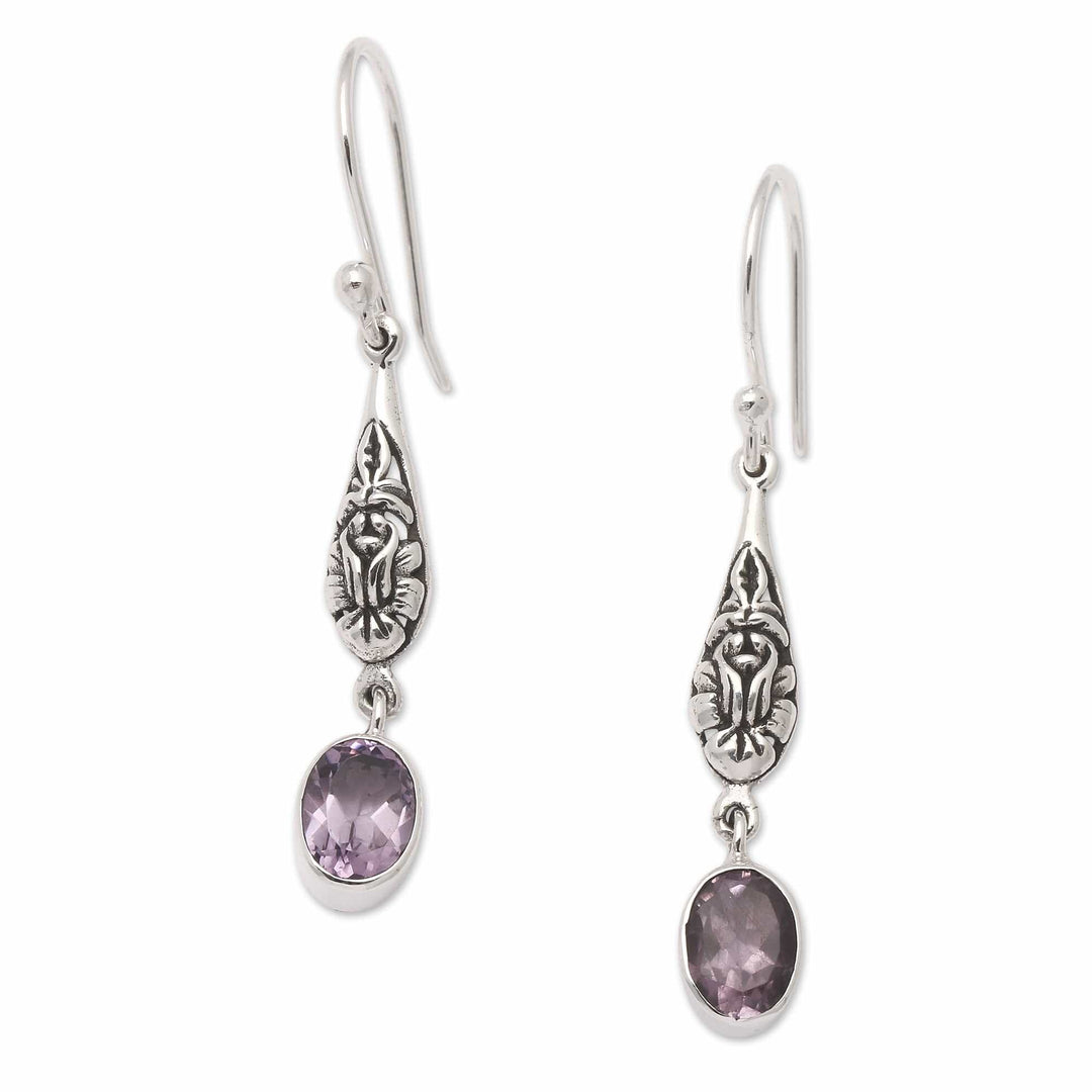 Classic Floral-Themed Amethyst Dangle Earrings from Bali - Sage's Bloom