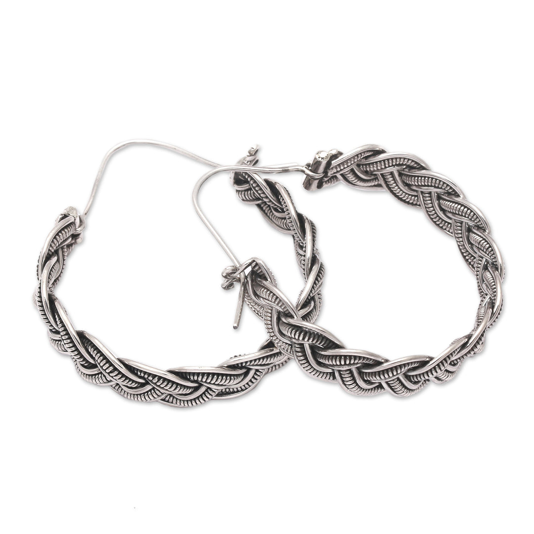 Sterling Silver Hoop Earrings with Braided Design from Bali - Braided Beauty