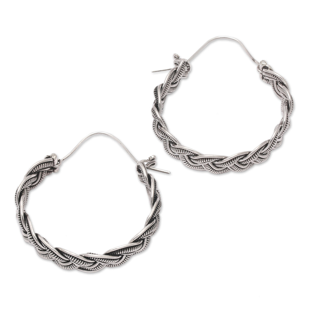 Sterling Silver Hoop Earrings with Braided Design from Bali - Braided Beauty