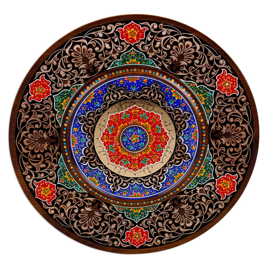 Handcrafted Lacquered Walnut Wood Wall Art with Floral Motif - Uzbek Petals