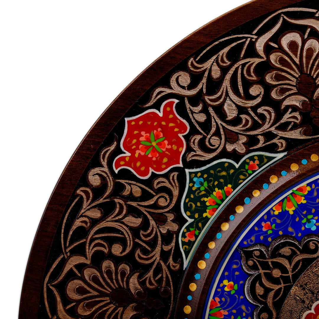 Handcrafted Lacquered Walnut Wood Wall Art with Floral Motif - Uzbek Petals