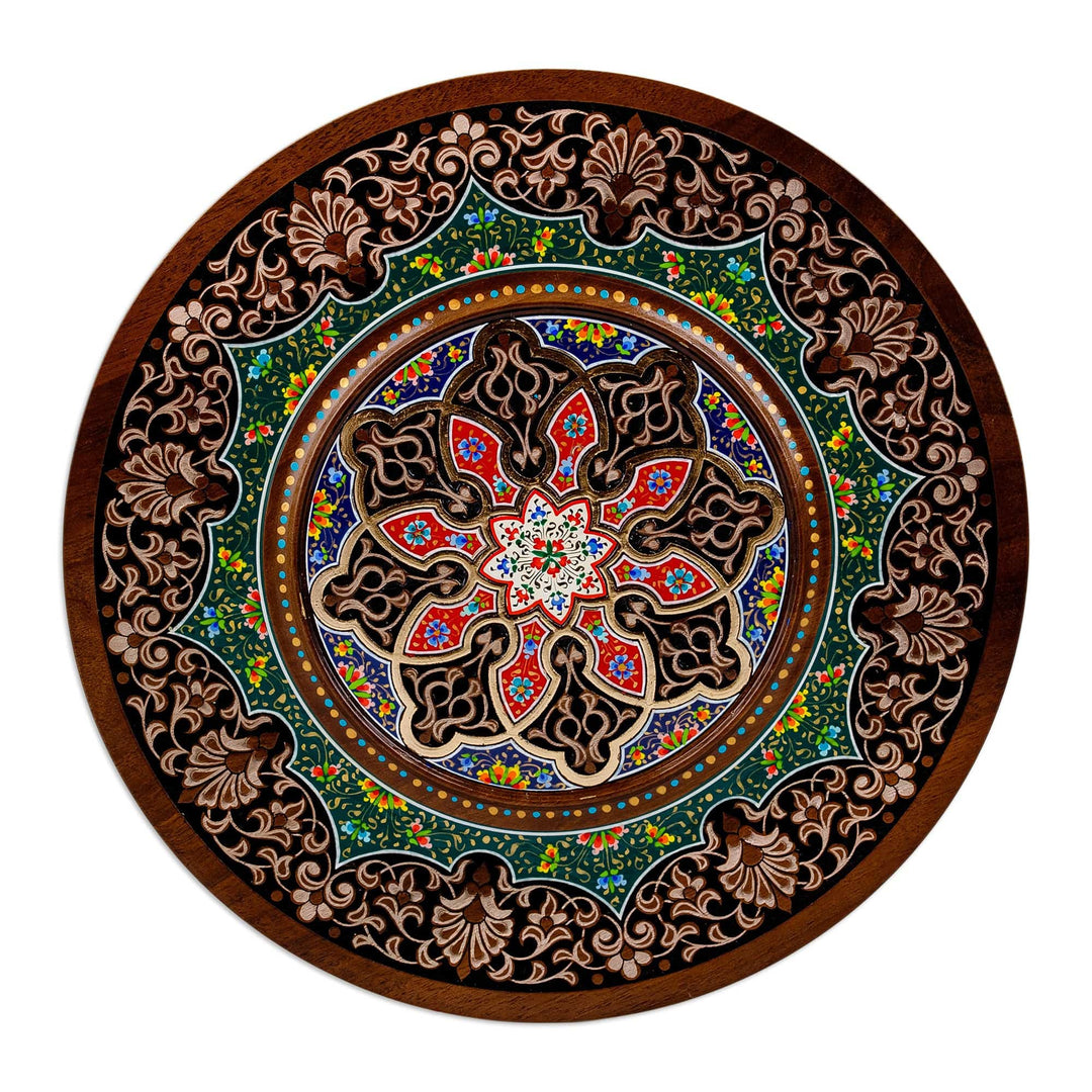 Hand-Carved Painted & Lacquered Walnut Wood Floral Wall Art - Uzbek Flora