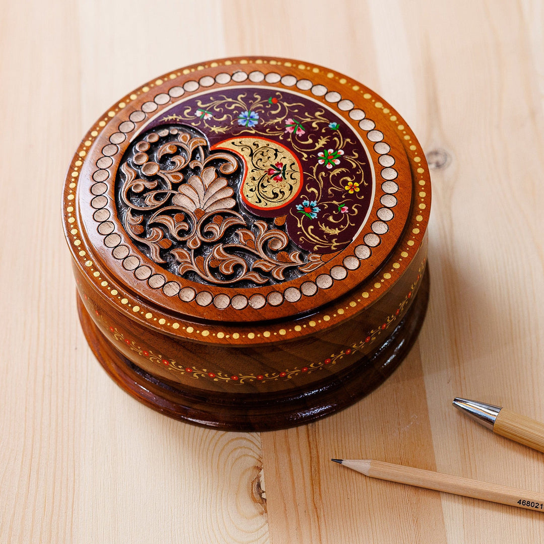 Handmade Walnut Wood Jewelry Box with Paisley & Floral Motif - Paisley Glory