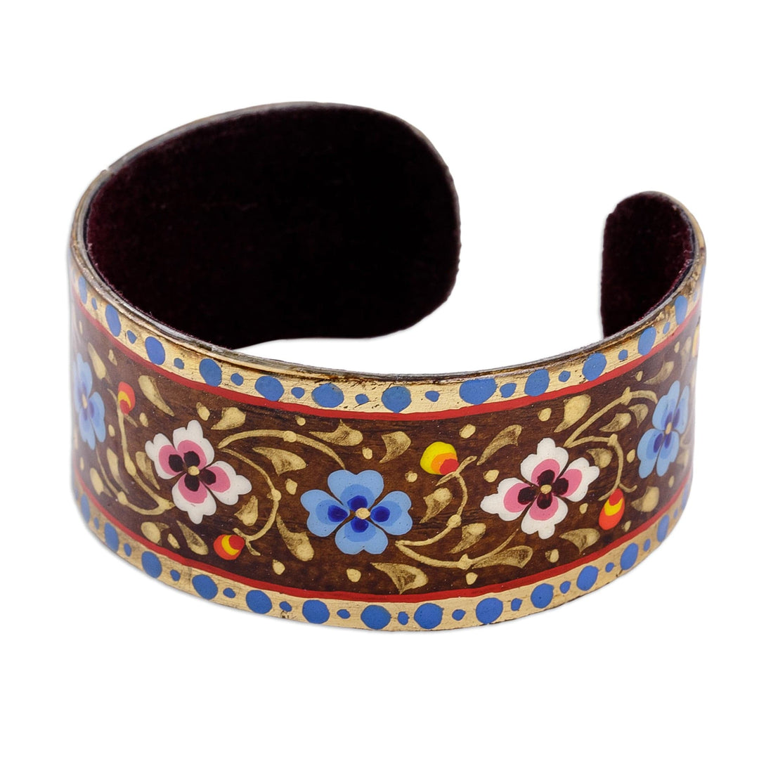 Floral Adjustable Golden, Blue and Brown Tin Cuff Bracelet - Goddess of Mountains