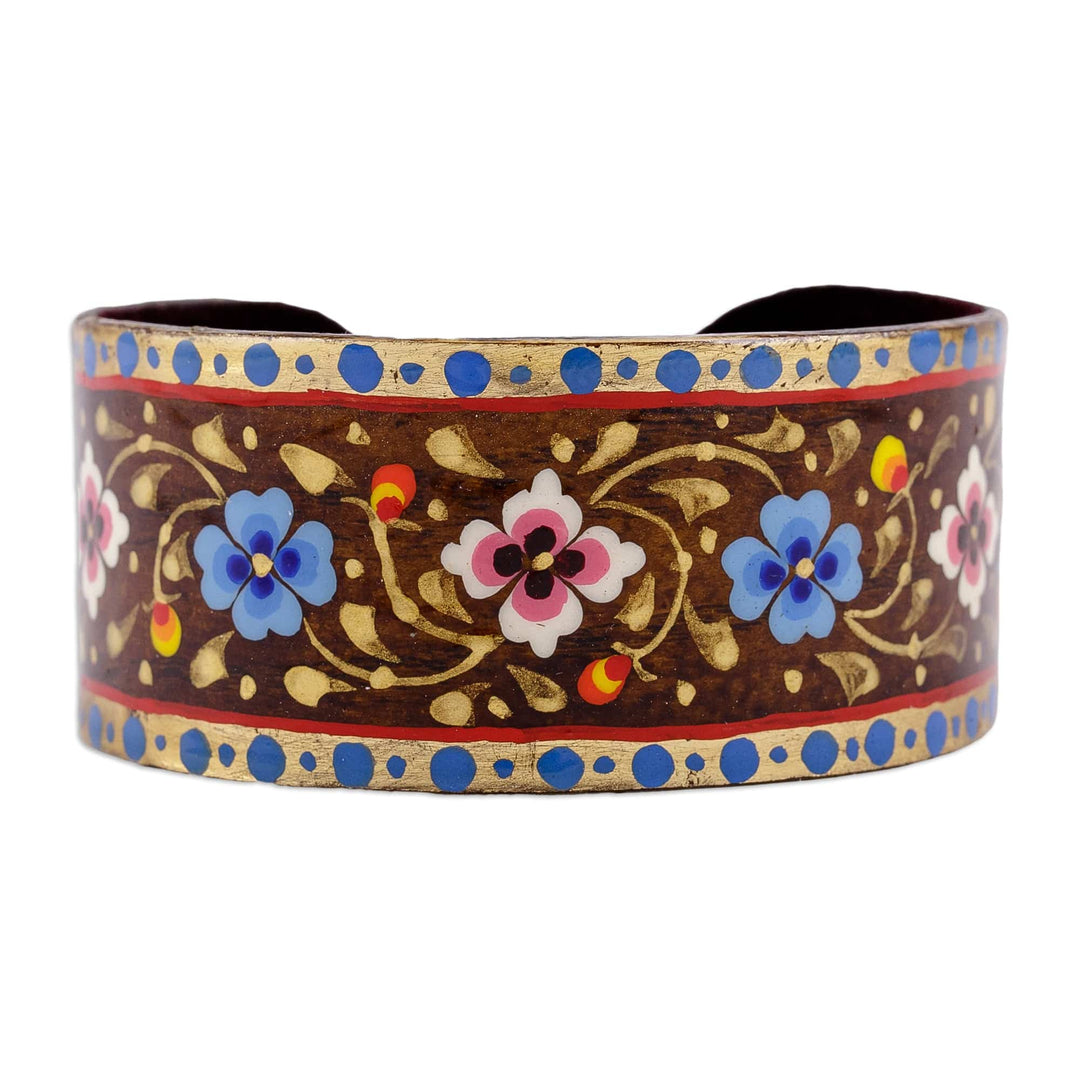 Floral Adjustable Golden, Blue and Brown Tin Cuff Bracelet - Goddess of Mountains