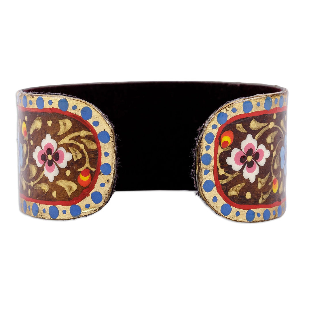 Floral Adjustable Golden, Blue and Brown Tin Cuff Bracelet - Goddess of Mountains