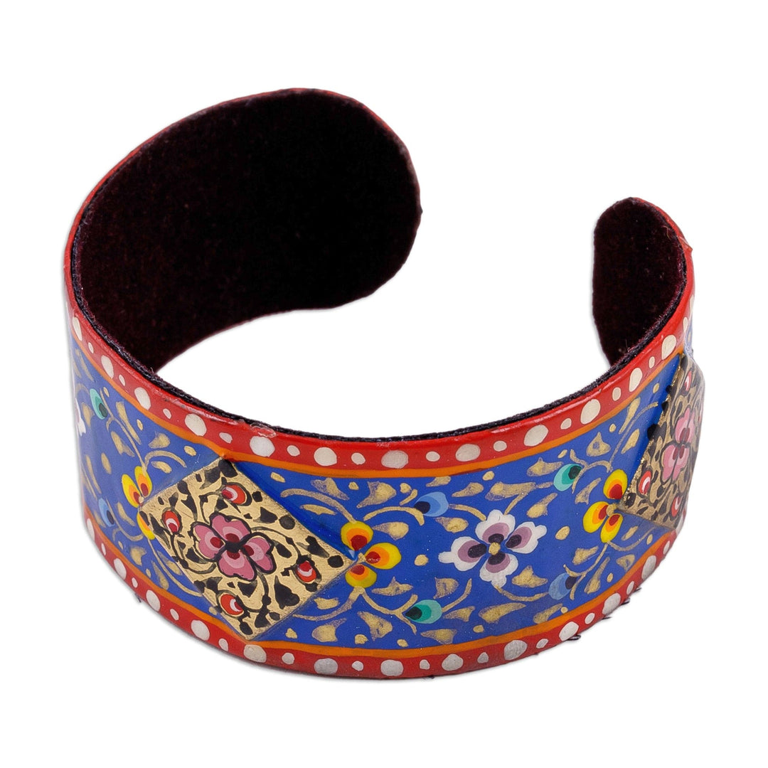 Painted Floral Red and Blue Lacquered Tin Cuff Bracelet - Uzbekistan Lady