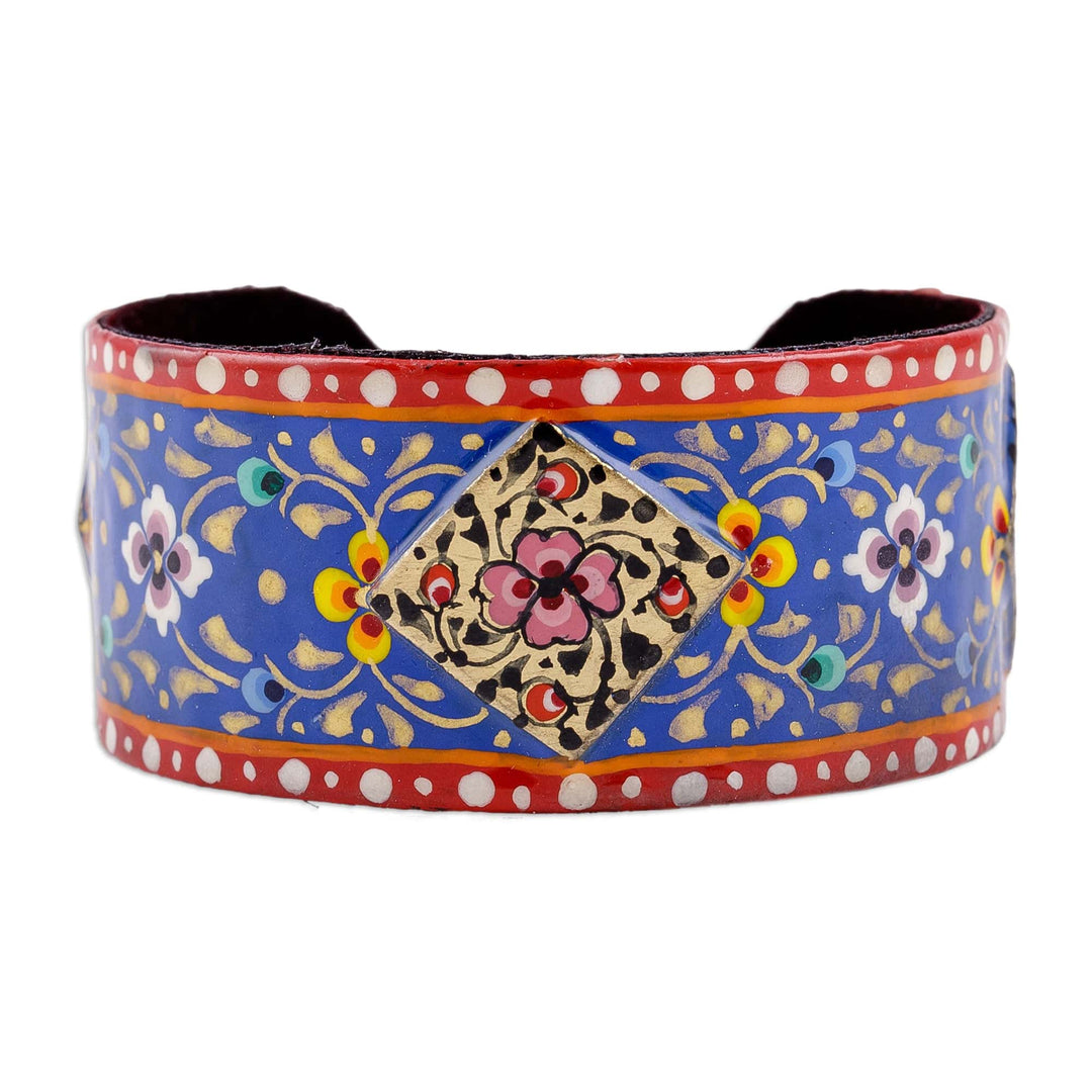 Painted Floral Red and Blue Lacquered Tin Cuff Bracelet - Uzbekistan Lady