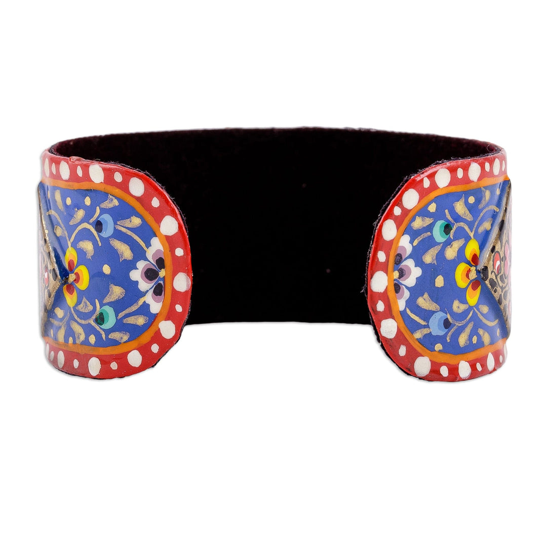 Painted Floral Red and Blue Lacquered Tin Cuff Bracelet - Uzbekistan Lady