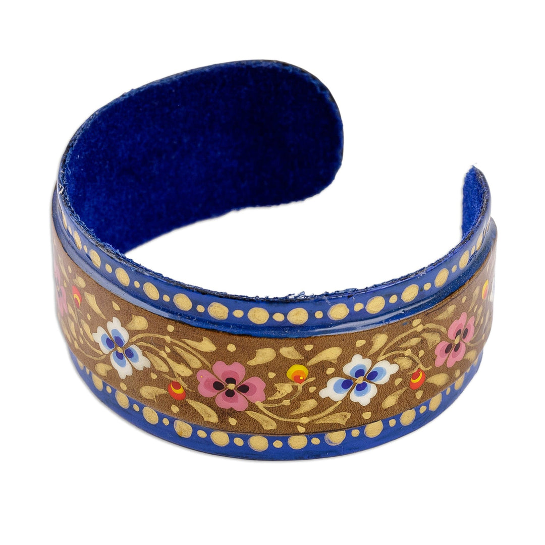 Painted Floral Adjustable Blue and Golden Tin Cuff Bracelet - Goddess of Palaces
