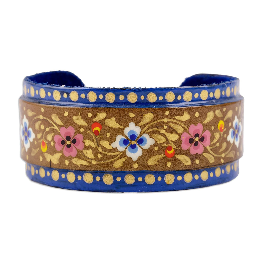 Painted Floral Adjustable Blue and Golden Tin Cuff Bracelet - Goddess of Palaces