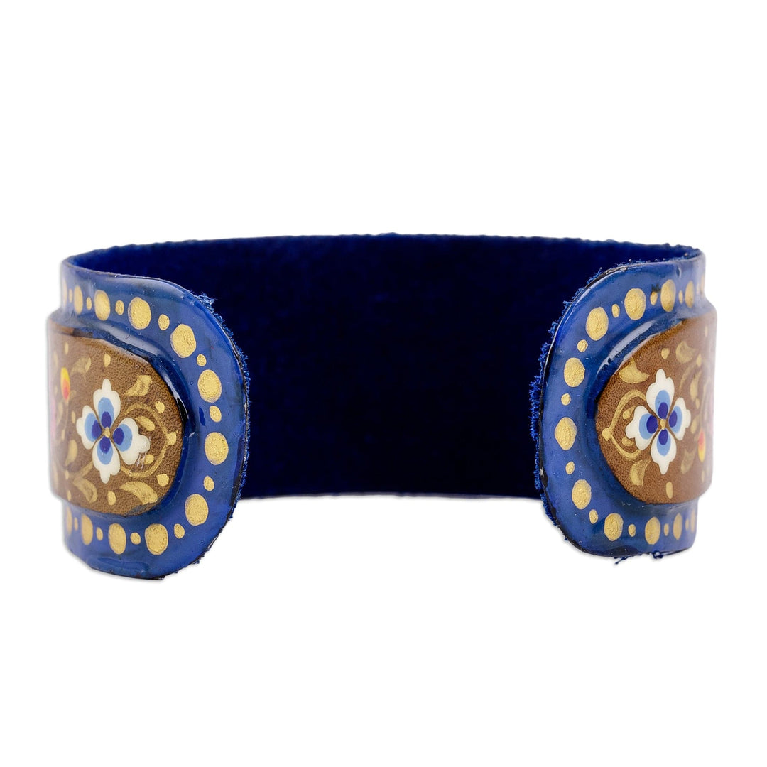 Painted Floral Adjustable Blue and Golden Tin Cuff Bracelet - Goddess of Palaces