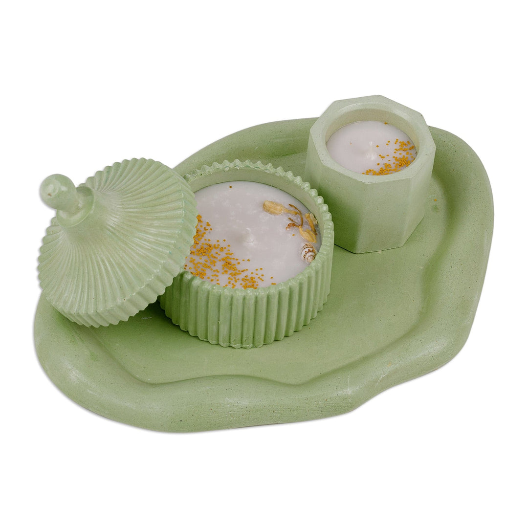 Green Plaster and Wax Candleholder and Tray Set (3 Pieces) - Green Aromas