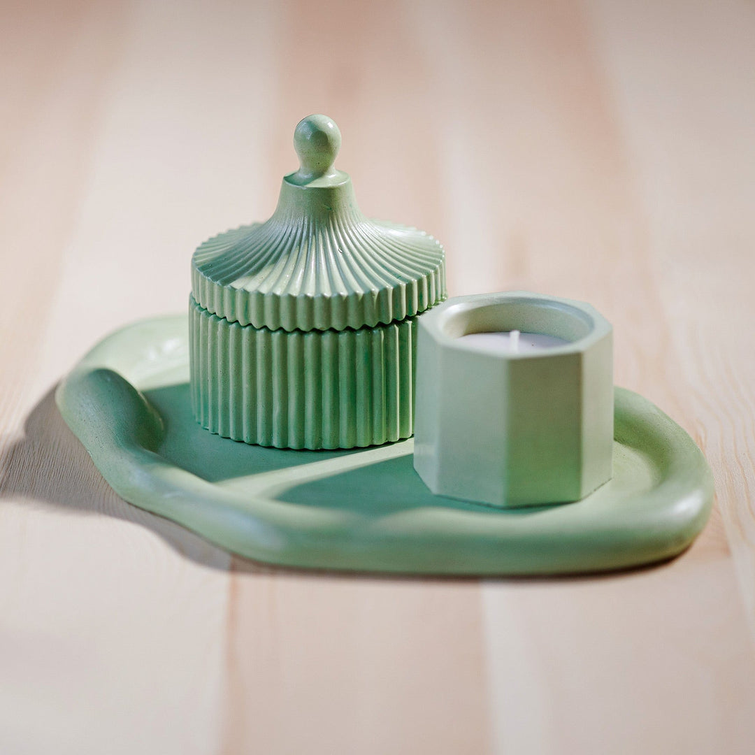 Green Plaster and Wax Candleholder and Tray Set (3 Pieces) - Green Aromas