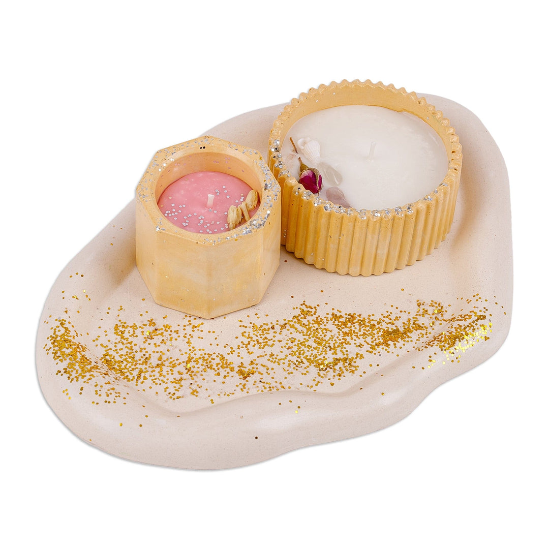 White and Golden Candleholder and Tray Set (3 Pieces) - Golden Space