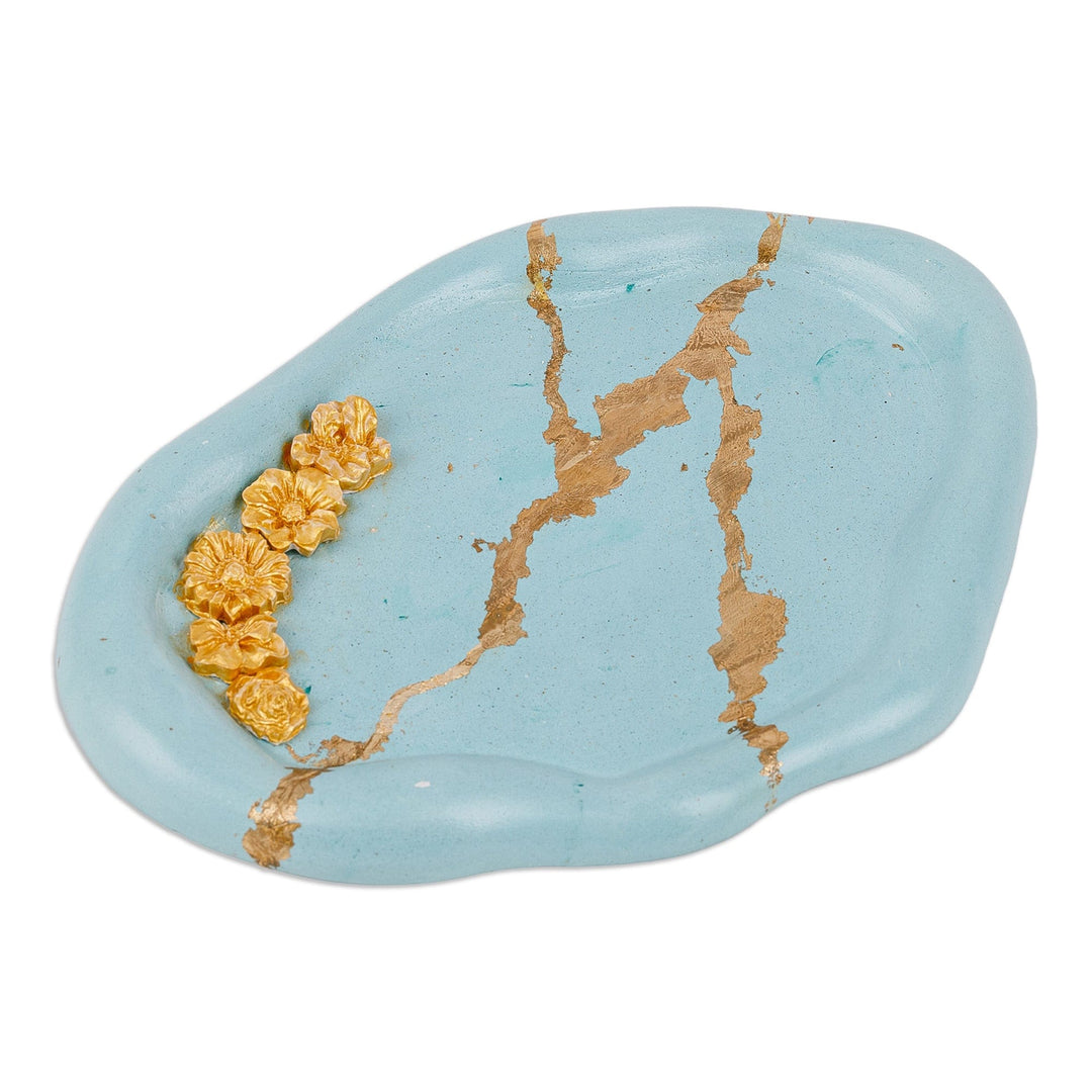 Handcrafted Golden and Blue Plaster Tray with Floral Motifs - Golden Arcadia