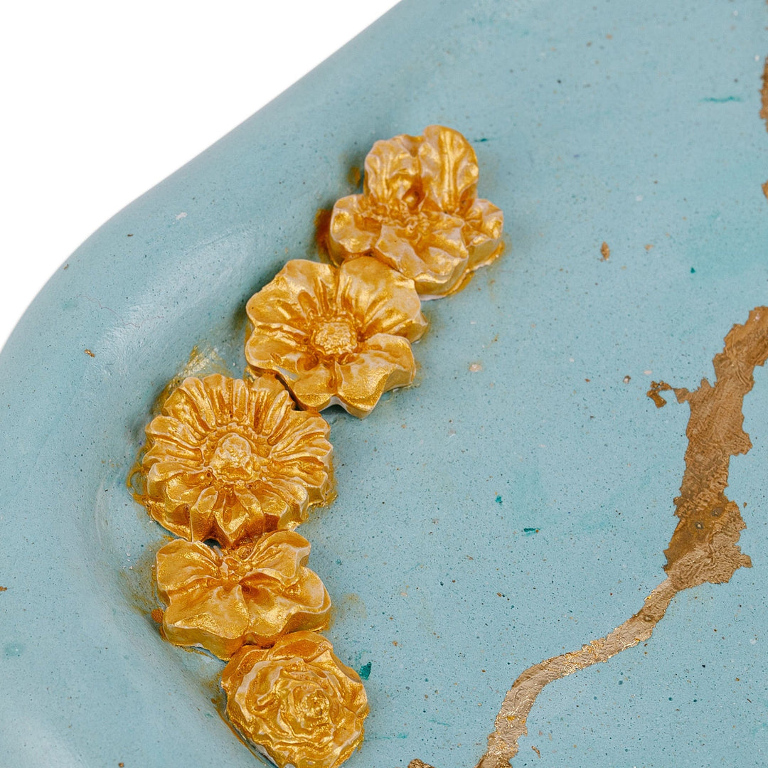 Handcrafted Golden and Blue Plaster Tray with Floral Motifs - Golden Arcadia